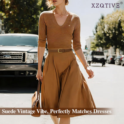 XZQTIVE Women’s Braided Suede Belt with No-Hole Adjustable Design – Vintage Woven Leather Waist Belt for Dresses,Jeans and Casual Outfits