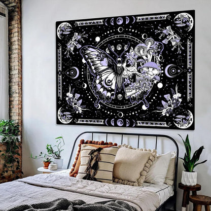 Fungarth Skeleton Butterfly Tapestry Purple Skull Hippie Mushroom Plants Tapestry for Bedroom Moon phase Aesthetic Tapestries Wall Hanging for Living Room Dorm (44.00” x 60.00”, Purple)