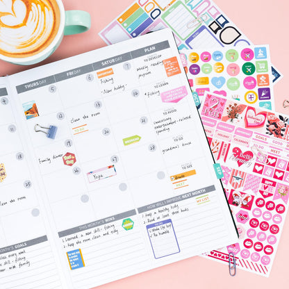 Ospelelf Planner Stickers, 18 Sheets Monthly Calendar Sticker Pack, Inspirational Motivational Quotes Festivals Label Sticker, for Decorating Organizers Scrapbooks Laptops Cups
