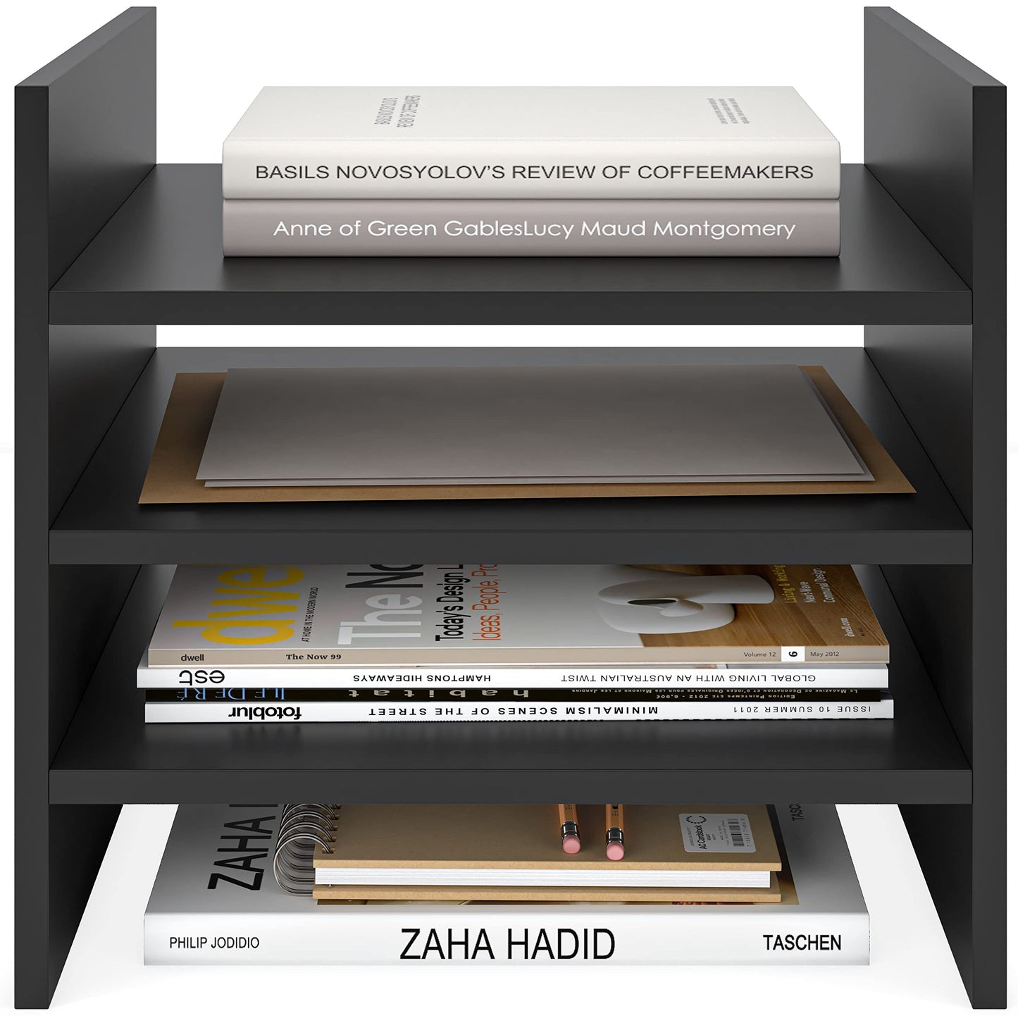 Ballucci 4-Tier Paper Sorter and File Organizer for Desk, Wood Mail Sorter, Fits into IKEA Kallax and ClosetMaid Cube Storage Shelves, Paper Tray, Mail Holder Stand for Classroom, Office, Black