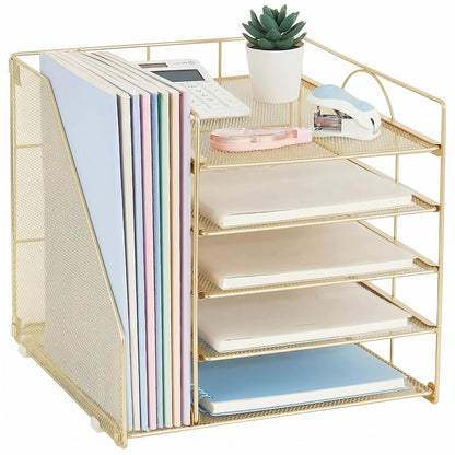 LEKETREE Desk Organizers and Accessories, 5-Tier Paper Letter Tray Organizer with File Holder, Desktop Organizer for Office Supplies (Gold)