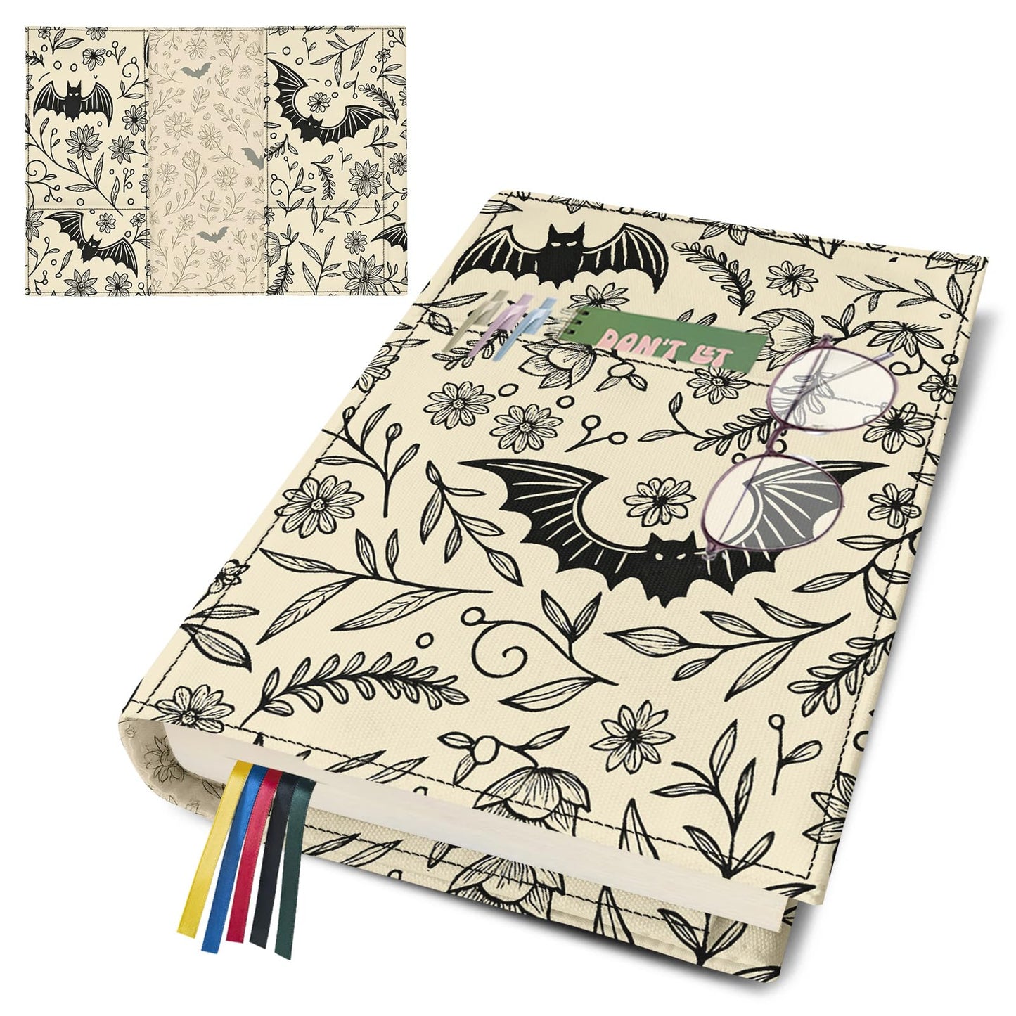 Bat Flower Book Cover Protector for Paperback,Adjustable Soft Canvas Fabric Book Cover with Pocket Bookmark,Double Side Print Book Dust Jacket Covers for Hardcover, Halloween Book Lovers Gift