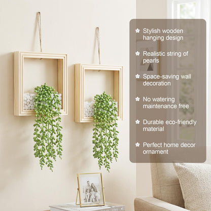 FancyPlus 2 Pack Fake Plants Hanging, Artificial Succulents Plants in Square Wooden Frame with LED Lights, Boho Wall Decor for Office Living Room Bathroom Bedroom Kitchen Indoor Outdoor, Natural Wood