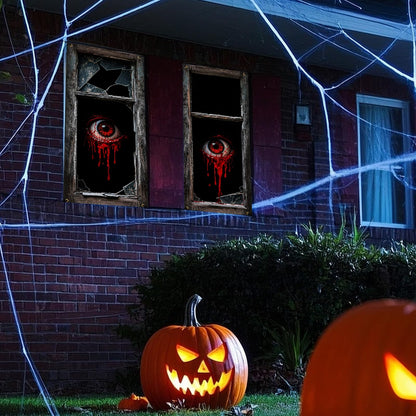 Roetyce Halloween Window Decorations, 2PCS Halloween Curtain Banner, Scary Window Clings Door Cover Indoor Outdoor 59 x 27.5 Inch, Horror Party Wall Poster