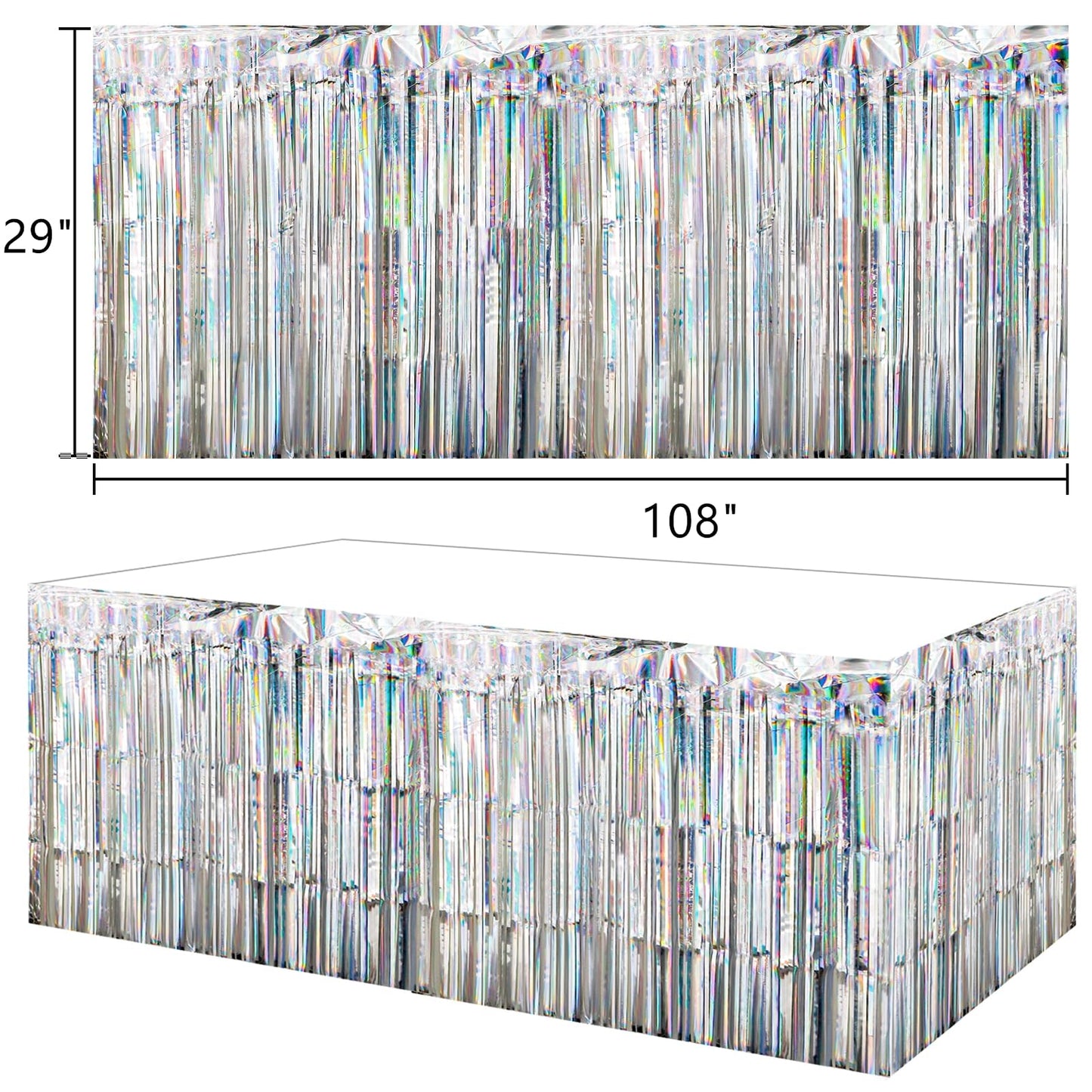 Yopay 8 Pack Iridescent Fringe Table Skirt, 108" X 29" Silver Tassle Banner for Mardi Gras, Bridal Shower, Wedding, Self-adhesive Disposable Table Cover Party Decoration