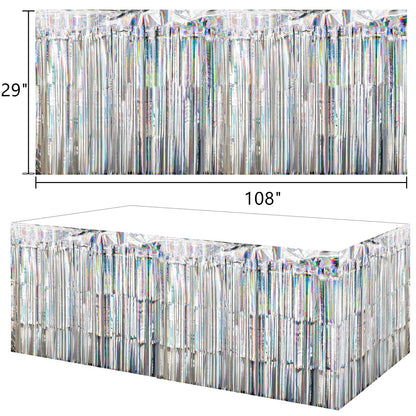 Yopay 8 Pack Iridescent Fringe Table Skirt, 108" X 29" Silver Tassle Banner for Mardi Gras, Bridal Shower, Wedding, Self-adhesive Disposable Table Cover Party Decoration
