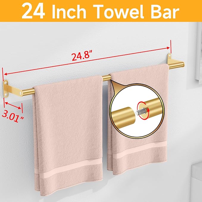 MKO Bathroom Towel Bar, 24 Inch Towel Rod for Bathroom, Heavy Duty Bath Hand Towel Holder Wall, Single Rod, Gold, Easy of Installation