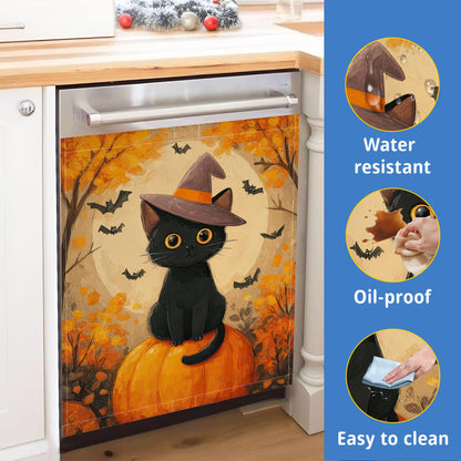 Magnetic Dishwasher Cover for Kitchen Decor Halloween Pumpkin,Washable Removable Black Cat Bat Front Panel Appliance Cover,23 x 26 Inch