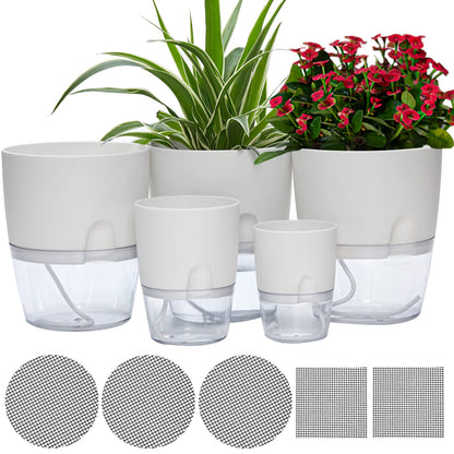 ETGLCOZY Self Watering Pots for Indoor Plants, 5 Pack 6/4.1/3.2 Inch Flower Pot Modern Decorative Plastic Planter with Extra Large Water Storage for All House Plants, Flowers, Herbs(White)