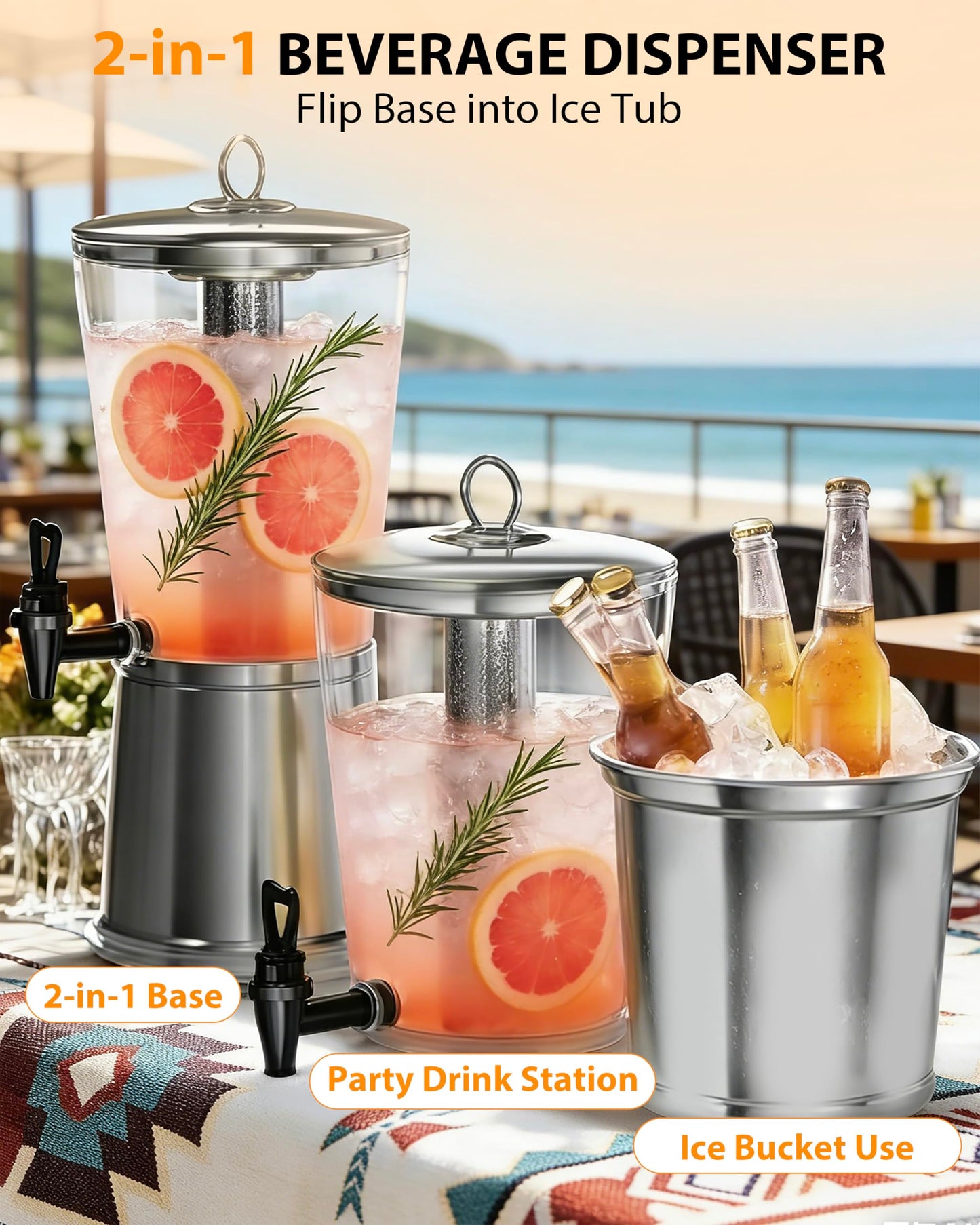 GUSTOCHEF Beverage Dispenser with Stand, 2.5 Gallon Drink Dispenser for Parties,Events,Buffet &Self-Serve,Dual Ice Tube Core Fruit Infuser,Leakproof Spigot,Clear PC Container, Stainless Steel Lid&Base