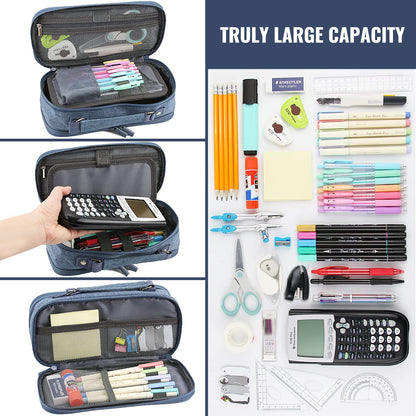 JOINPRO Large Capacity Pencil Case, 4 Compartment Pen Pouch Organizer with Double Zipper, Storage Bag for School, Office, Teen Girl Boy Men Women (Blue)