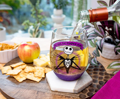 Disney The Nightmare Before Christmas All Hail Pumpkin King Glitter Teardrop Stemless Wine Glass | Tumbler Cup For Mimosas, Cocktails