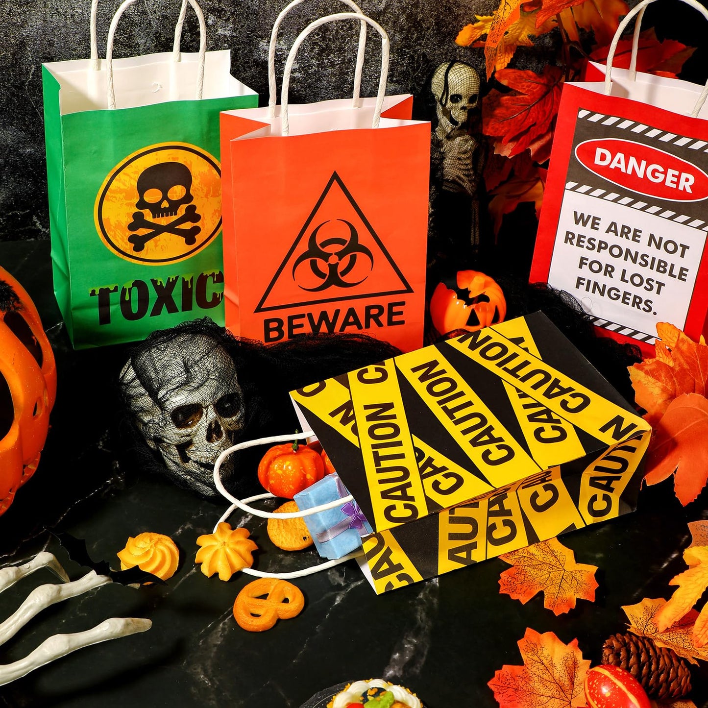 TaoBary 24 Pcs Halloween Biohazard Treat Bags Spooky Halloween Caution Gift Bags with Handles Beware of Danger Zombie Theme Horror Party Favors for Candy Goodie Snacks Holiday Party Supplies