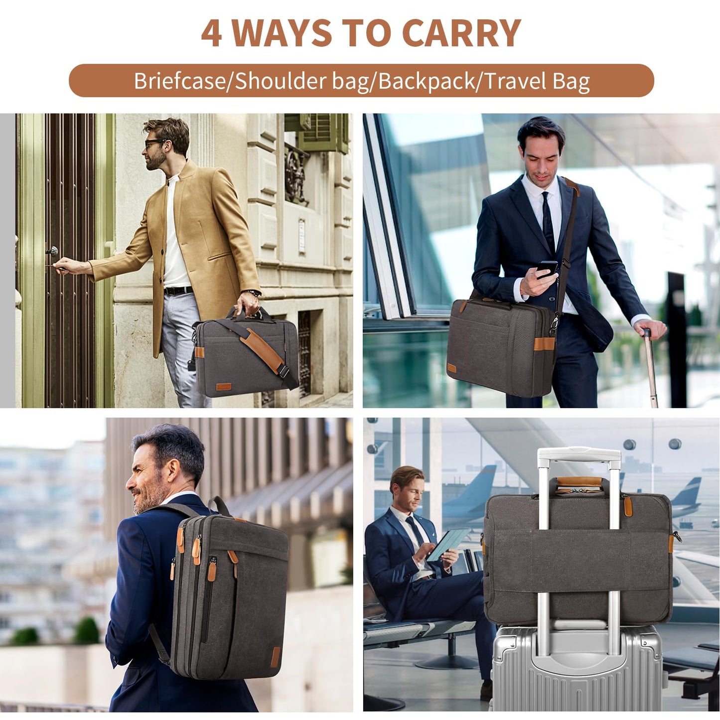 ESTARER Laptop Computer Bag for Men 3 In 1, 17-17.3 Inch Laptop Messenger Bag for Business/Work/Travel, Convertible Backpack Briefcase Water resistant Canvas Laptop Backpack (Grey)