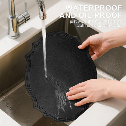 fanquare Faux Leather Placemats Set of 6,Oval Heat-Resistant Wipeable Surface Tablemats, Non-Slip Grip, Waterproof Table Décor for Dining, Black