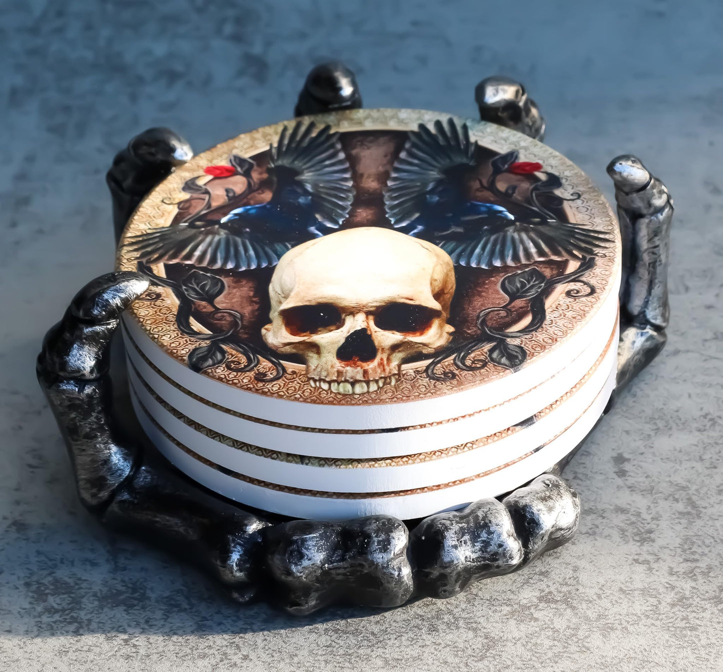 Ebros Gothic Alchemy Clutch of The Dead Skeleton Hand Resin Coaster Figurine Holder with 4 Skull Raven Tile Coasters Set Furniture Protector Ossuary Macabre Halloween Spooky Home Decor Accent