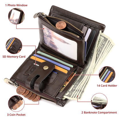 HUMERPAUL Genuine Leather Chain Wallet for Men, RFID Blocking Biker Trifold Credit Card Holder with Zipper Coin Pocket & Money Clip (Coffee)