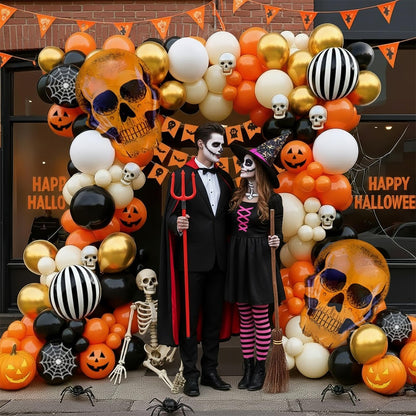 Halloween balloons arch kit Orange Black balloons skull stripe balloons & maple leaves spiderwebs for Fall adult horror halloween Birthday Spooky Theme Festival rick or Treat game Decorations