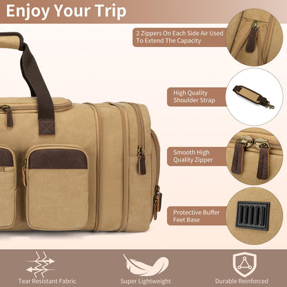 Mens Duffle Bag for Travel 60L Expandable Canvas Weekender Overnight Travel Duffel Bag with Shoe Compartment Carry-On for Airplanes Khaki