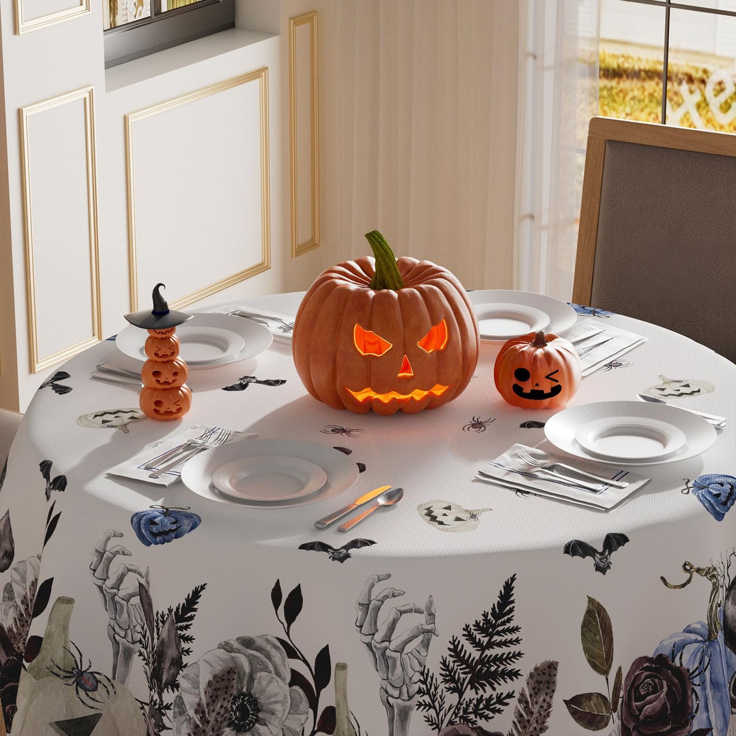 XCHI Skeleton Blue Flowers Spooky Halloween Tablecloth Round Washable Table Covers for Indoor Outdoor Dining Home Party Decorations Table Cloth 60x60 Inch