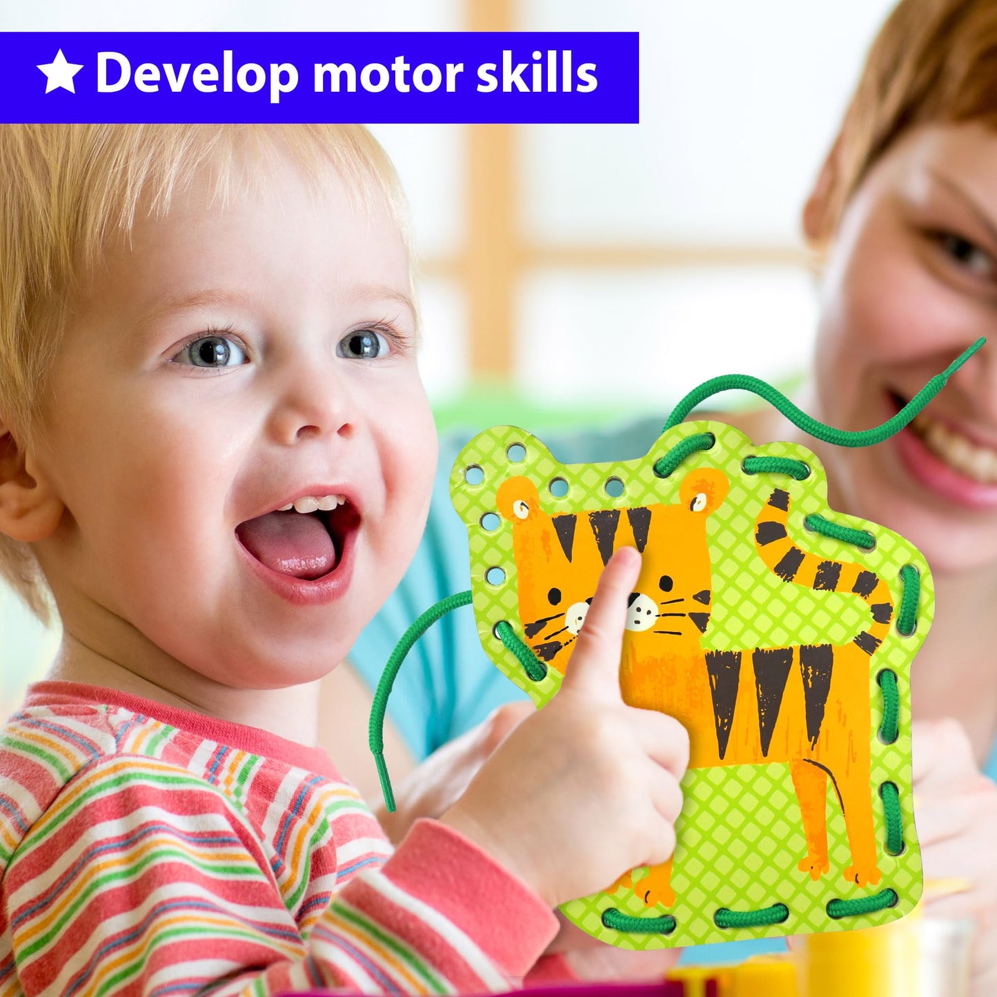 KRAFUN My First Lacing Cards Kit for Toddlers & Kids Age 3+, 5 Safari Animal Arts & Crafts Projects, Fine Motor Skills Toys, Beginner Activity Set with Lion Monkey Elephant Tiger Crocodile
