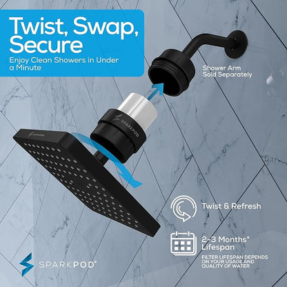 SparkPod 23-Stage Filtered Shower Head, 8" Square, Black Matte | Filtered Shower Head for Hard Water Filter, High Pressure, Reduces Chlorine, Heavy Metals, For Dry Skin & Hair