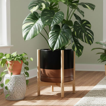 D'vine Dev Ceramic Planter with Natural Stand - 14 Inch Modern Round Flower Pot with Wood Planter Holder, Black/Speckled Tan, 55-B-R-7