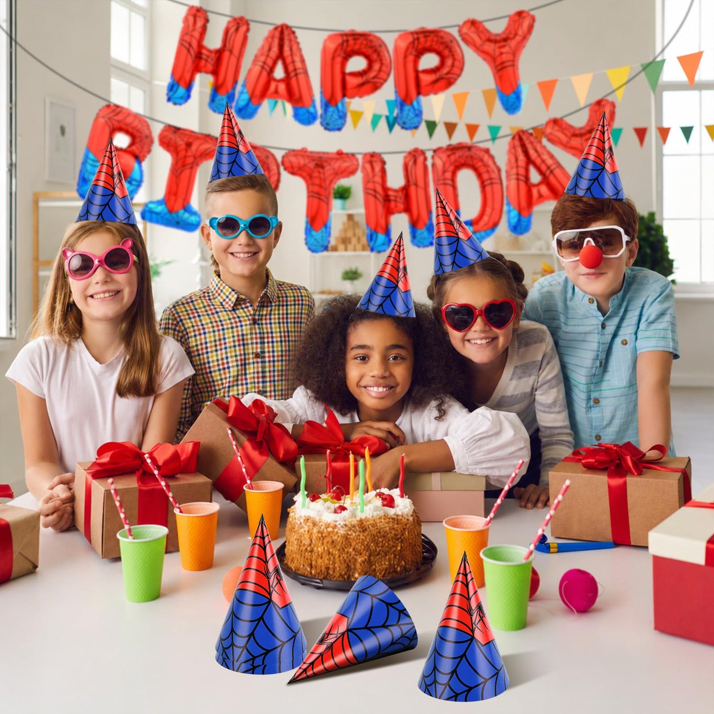 GKXMAXIWANG 24 Pcs Spider Theme Birthday Party Hats Decorations Spider Web Cone Hat Classroom Celebration Party Supplies Shower Photo Prop & Colorful Paper Party