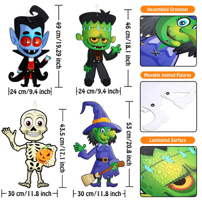4 Sets Funny Halloween Party Decoration Jointed Figures Door Hanger, Hanging Halloween Wall Decoration Signs Vampire, Skeleton, Witch, Zombie Banners for Party Decor
