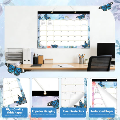 ZTX Desk Calendar 2026-2027,18 Month Academic Desk Calendars,17"x12" Jul.2026-Dec.2027 Calendar with Clear Plastic Cover for Teacher School Year Home Butterfly