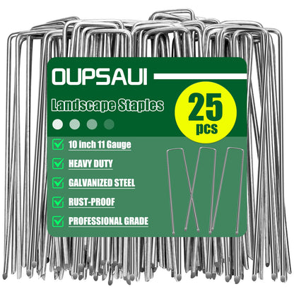 OUPSAUI 10 Inch Galvanized Landscape Staples Stakes, 12/25/50/100/200pcs Garden Metal Stakes for Weed Barrier Fabric, Fence Stakes, Tent Stakes, Christmas Decorations (25pcs)