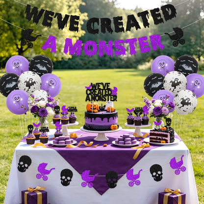 Fangleland Halloween Monster Baby Shower Decorations, Black Purle We've Created a Monster Banner Garland Cake Cupcake Toppers Balloons, Gothic Gender Reveal Pregnancy Announcement Party Supplies