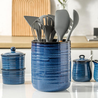 HASENSE Ceramic Kitchen Utensil Holder, 7.4" x 6.2" Large Countertop Utensil Crock, Stable Cooking Utensil Organizer for Spatulas, Spoons, Whisks & Tools, Modern Blue Kitchen Decor