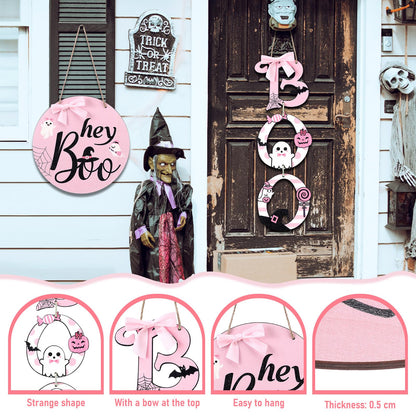 Amyhill 2 Pcs Halloween Door Sign Pink Boo Wooden Sign Ghost Wreath Decorations with Pink Bow for Farmhouse Front Door Hanger Porch Wall Decor