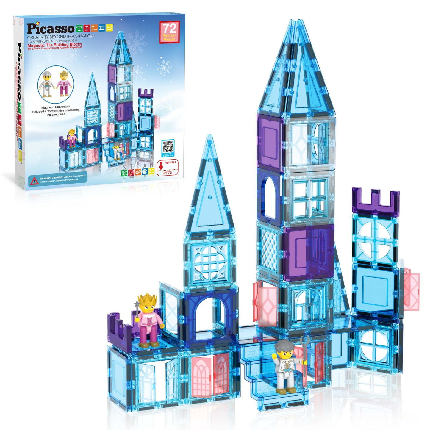 PicassoTiles 72 Piece Magnetic Building Tiles Castle Winter Ice Theme Construction Magnet Block Set with Princess Prince Character Stairs Windows Doors STEM Learning Educational Toy Kids Ages 3+ PT72