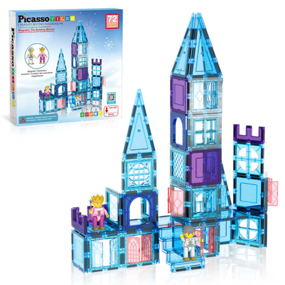 PicassoTiles 72 Piece Magnetic Building Tiles Castle Winter Ice Theme Construction Magnet Block Set with Princess Prince Character Stairs Windows Doors STEM Learning Educational Toy Kids Ages 3+ PT72