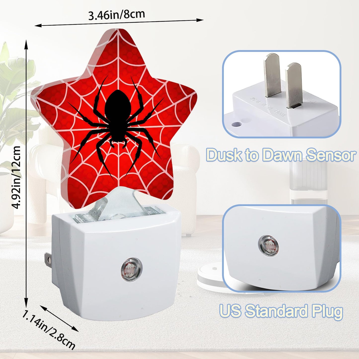Halloween Red Spider Night Lights Plug Into Wall,Spiderweb Star Night Light for Kids,Nightlight with Dusk to Dawn Smart Sensor for Bedroom Bathroom Decor,Children Women Men Gift