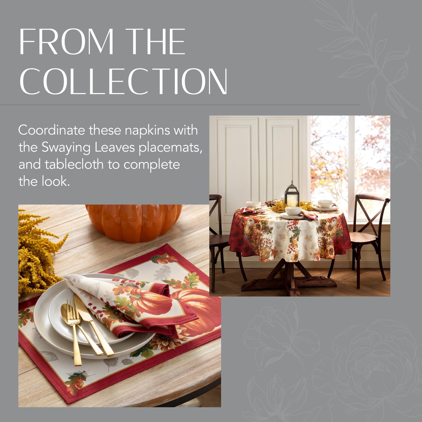 Elrene Home Fashions Swaying Leaves Bordered Fall Napkins, Seasonal Dinner Napkins for Formal or Everyday Use, 17" x 17", Set of 8