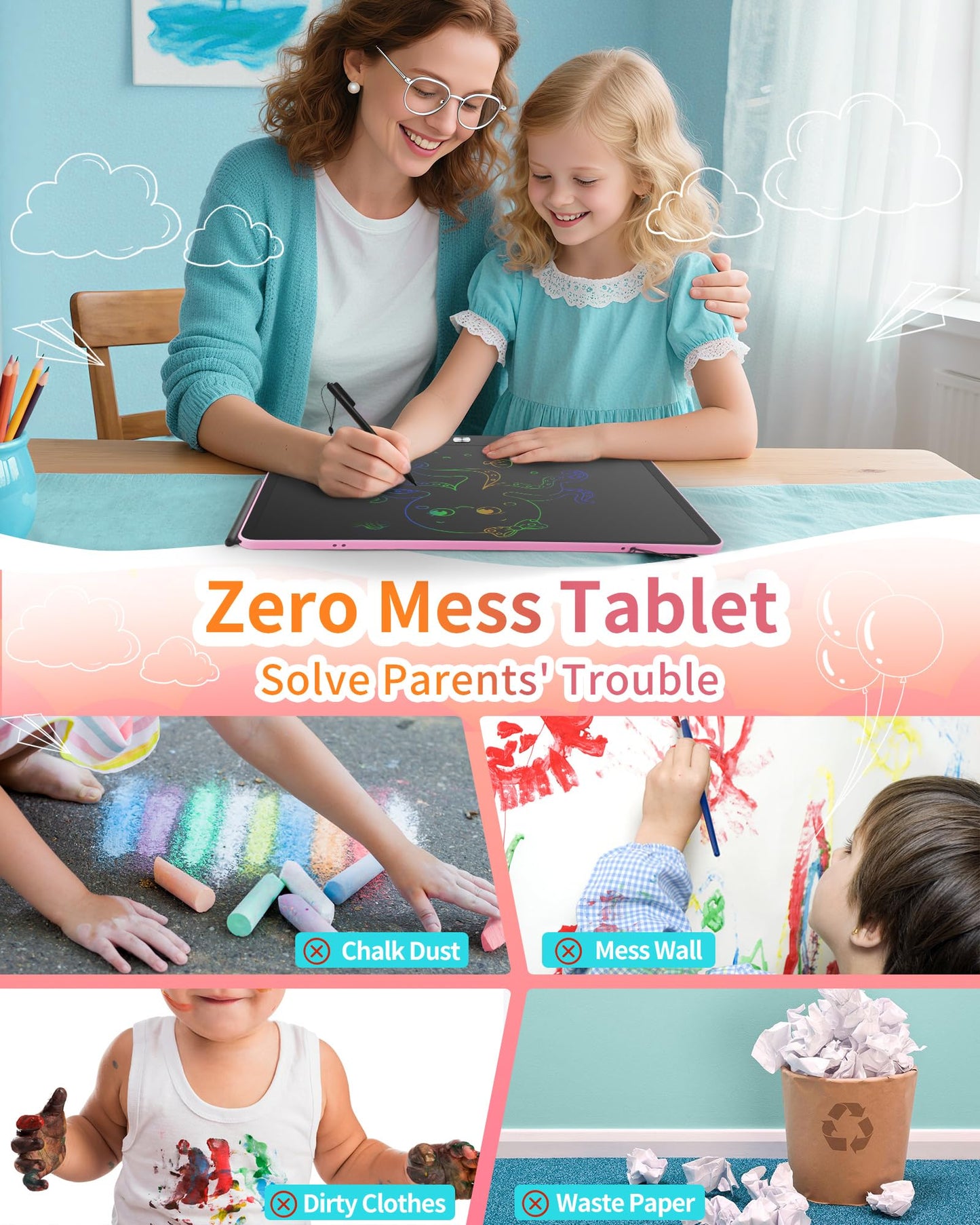 Rechargeable LCD Writing Tablet for Kids, 16 Inch Colorful Drawing Tablet, Educational Toddler Drawing Pad, Reusable Learning Toys for Kids (Ages 3-12), Ideal Gift for Christmas Birthday (Pink)