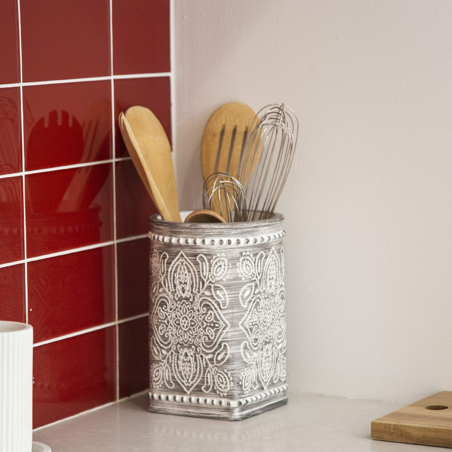 BINO Kitchen Utensil Holder for Countertop, Grey Wildflower - Utensil Caddy countertop utensil holder Utensil Crocks for kitchen Cooking Utensil Holder Kitchen Utensils Holder Spatula Holder