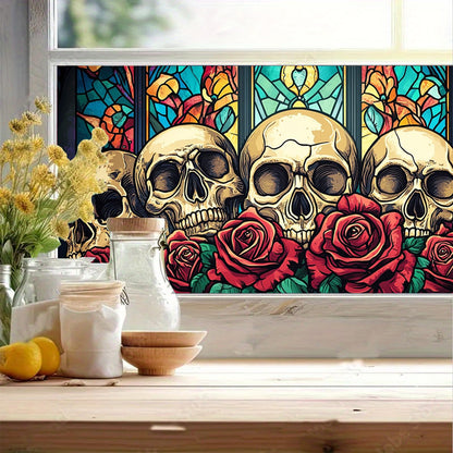 HOMETITUTE Skull Window Film 39.3x17.7 Inch Gothic Skull Window Sticker Halloween Skull Decoration Rose Windows Cling for Haunted House Day of The Dead Horror Windows Glass Cover