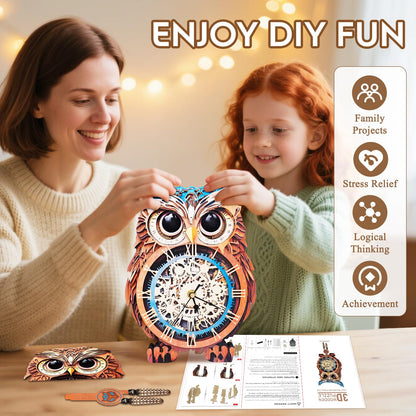 Cutywood 3D Puzzle for Adults-Wooden Owl Clock for Room Decoration, DIY Build Mechanical Wall Clock with Roman Numerals, Personalized Gift for DIY Lovers