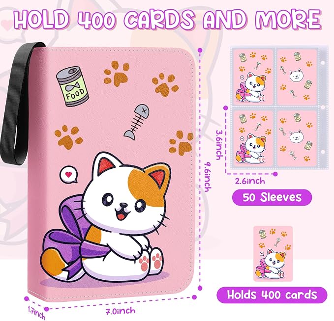 Premium 4 Pocket Trading Card Binder,400 Capacity with 50 Removable Sleeves | PU Leather Zipper Album Book for Sports Cards, Game | Card Storage & Organization for Girls Collector Rose Pink