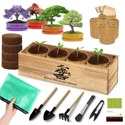Premium Bonsai Kit,Complete Bonsai Starter Kit with Wooden Gift Box,repotting mat, Burlap Pots & Gardening Tools, DIY Bonsai Plant Set for Adults & Beginners (Seeds Excluded)Birthday Thanksgiving gift