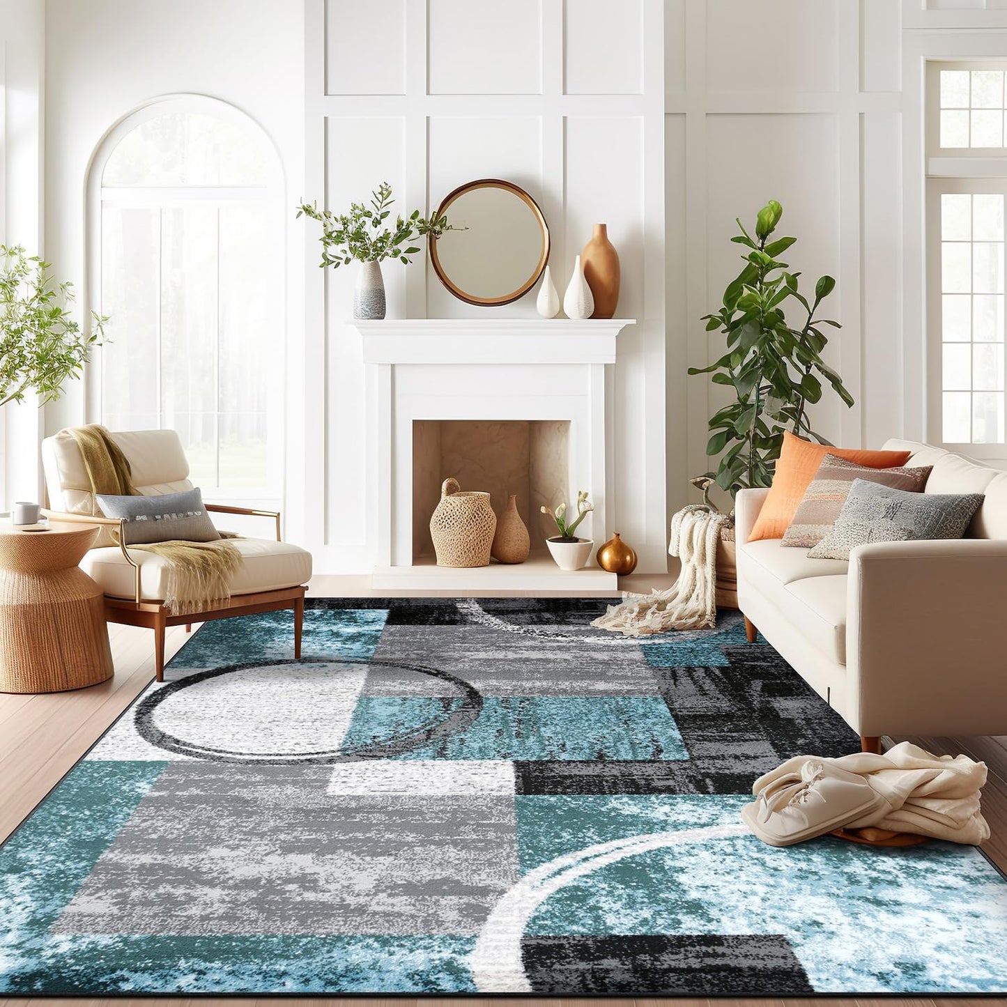 Rugshop Contemporary Circle Design Area Rug, Durable Fade-Resistant Carpet Alfombras for Bedroom, Living Room and Dining Room, Gray, 7'10" x 10'2"