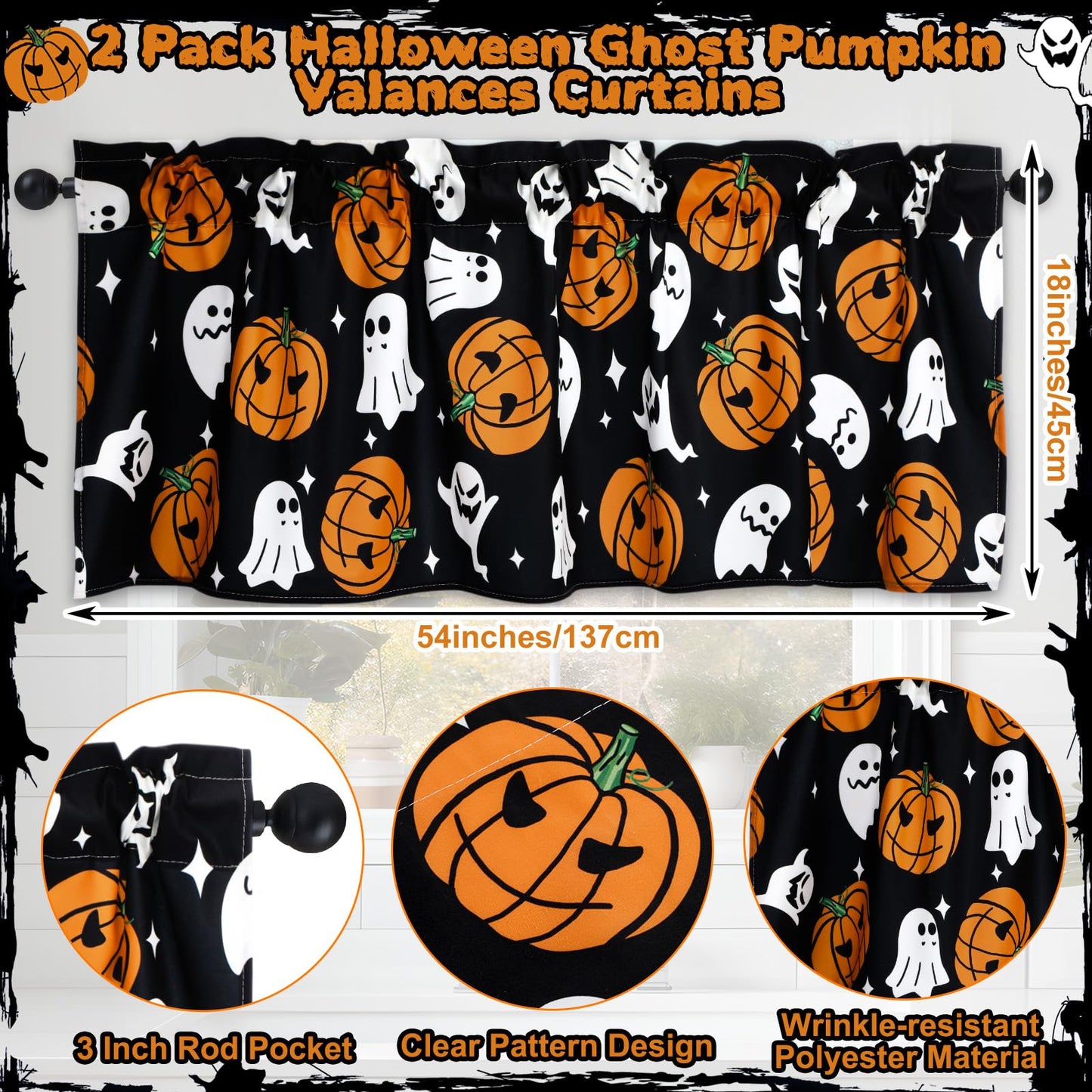 GlikCeil 2 Pack Halloween Valance Curtains for Windows Cartoon Ghost Pumpkin Valances Spooky Pumpkins Halloween Curtains Rod Pocket Short Window Treatment for Home Kitchen Windows Decor 54 x 18 Inch