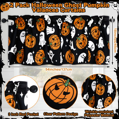 GlikCeil 2 Pack Halloween Valance Curtains for Windows Cartoon Ghost Pumpkin Valances Spooky Pumpkins Halloween Curtains Rod Pocket Short Window Treatment for Home Kitchen Windows Decor 54 x 18 Inch