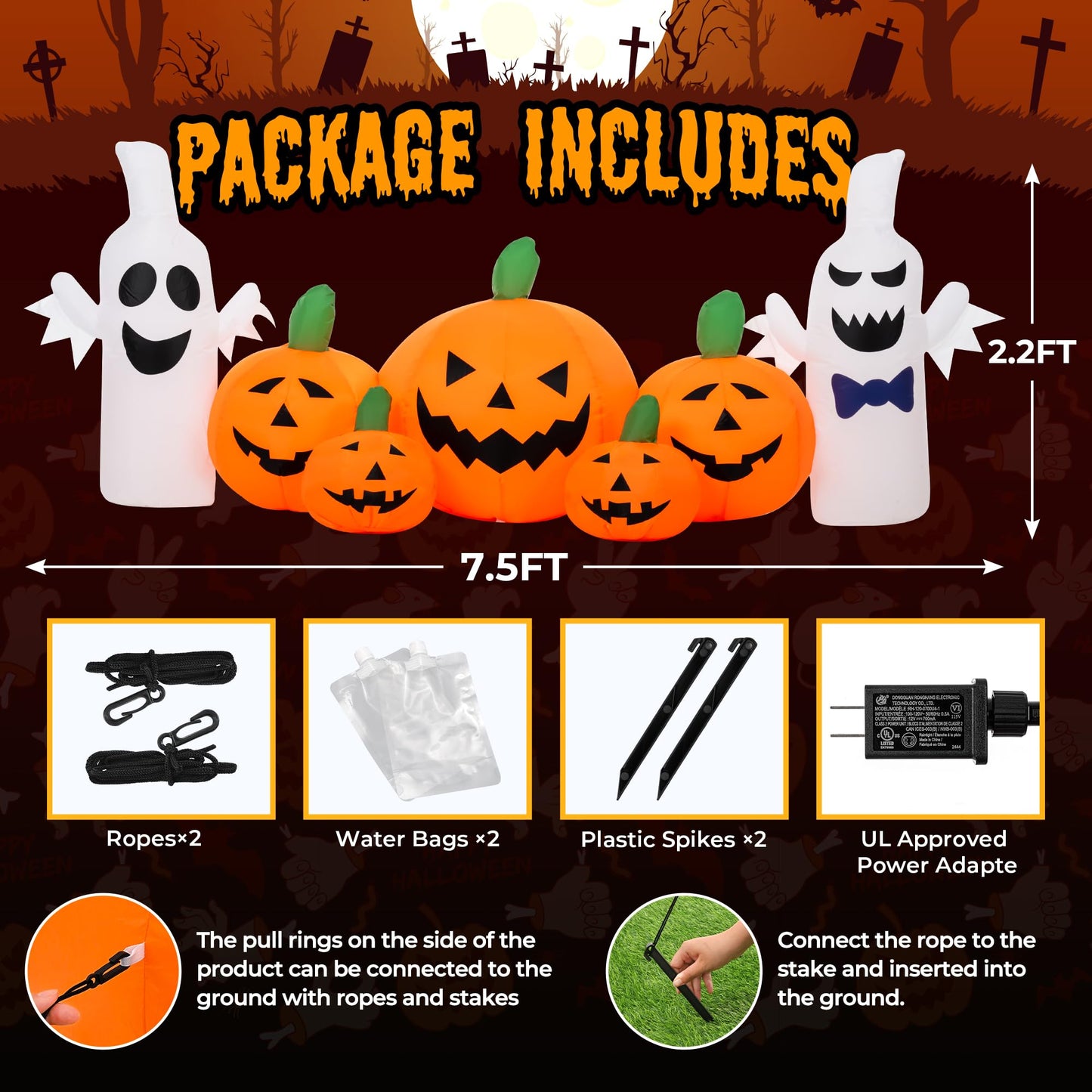 GIGALUMI 7.5FT Inflatable Halloween Decorations Pumpkin, Inflatable Pumpkin Decor Outdoor, Halloween Blow Up Pumpkins for Outside,Party,Garden(Cold White,7 Built-in LED Lights Set)