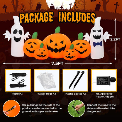 GIGALUMI 7.5FT Inflatable Halloween Decorations Pumpkin, Inflatable Pumpkin Decor Outdoor, Halloween Blow Up Pumpkins for Outside,Party,Garden(Cold White,7 Built-in LED Lights Set)