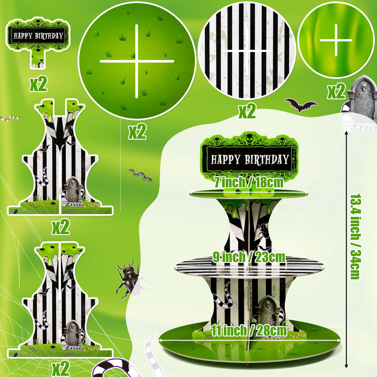 BHronony Beetle Cupcake Stand Decorations - 3 Tier Horror Movie Halloween Party Cake Toppers Tiered Stand, Horrible Theme Paper Cupcake Tower Cactus Dessert Holder for Birthday Bar Supplies (2PCS)